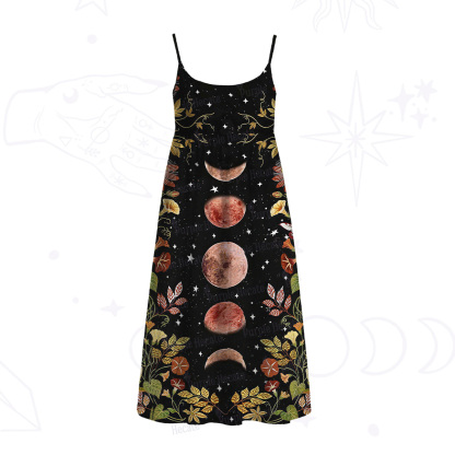 Purplehecate Moon Phase Floral Spaghetti Strap Midi Dress