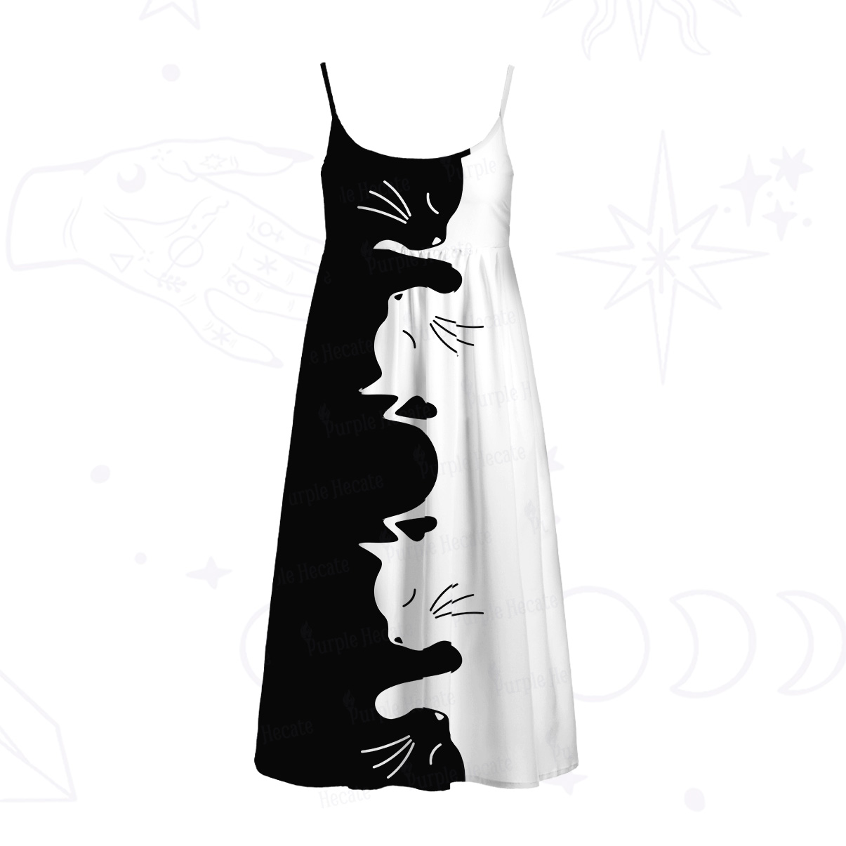 Purplehecate Yin Yang Cat Lover Spaghetti Strap Midi Dress
