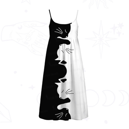 Purplehecate Yin Yang Cat Lover Spaghetti Strap Midi Dress