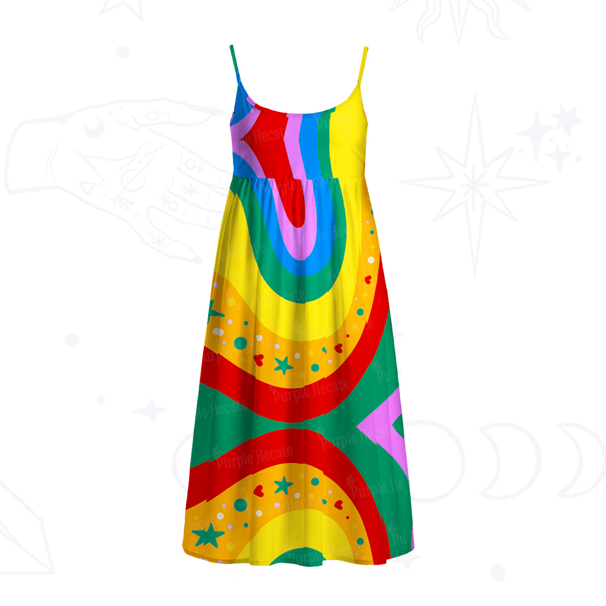 Purplehecate Dreamy Rainbow Waves Spaghetti Strap Midi Dress