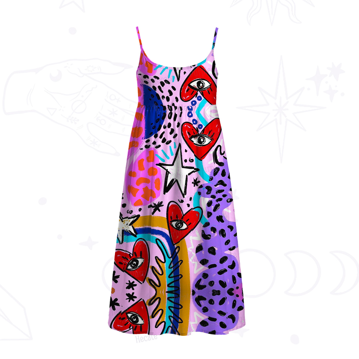 Purplehecate Cosmic Love Eyes Graffiti Spaghetti Strap Midi Dress