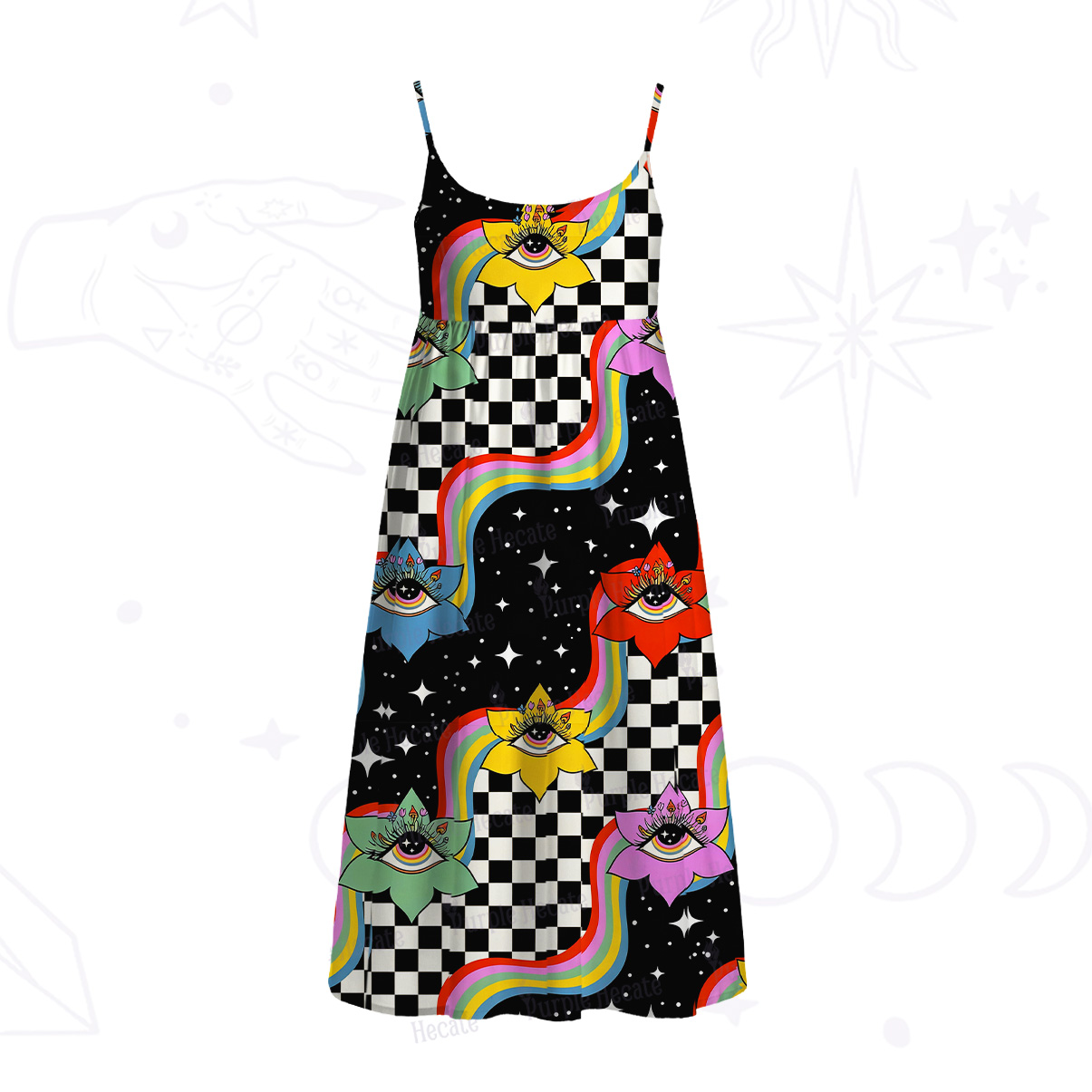 Purplehecate Enchanted Eye Blossom Spaghetti Strap Midi Dress