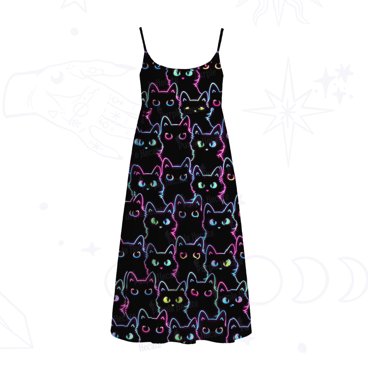 Purplehecate Neon Glow Stacked Cats Spaghetti Strap Midi Dress