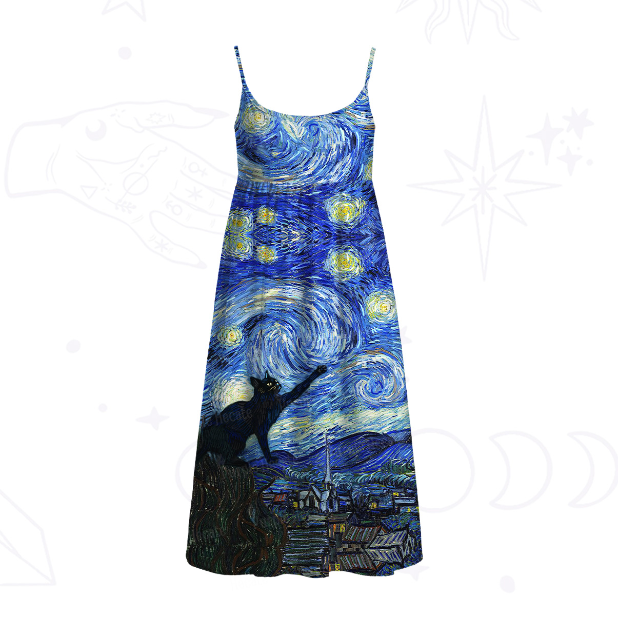 Purplehecate Witch Cat Under the Starry Night Spaghetti Strap Midi Dress