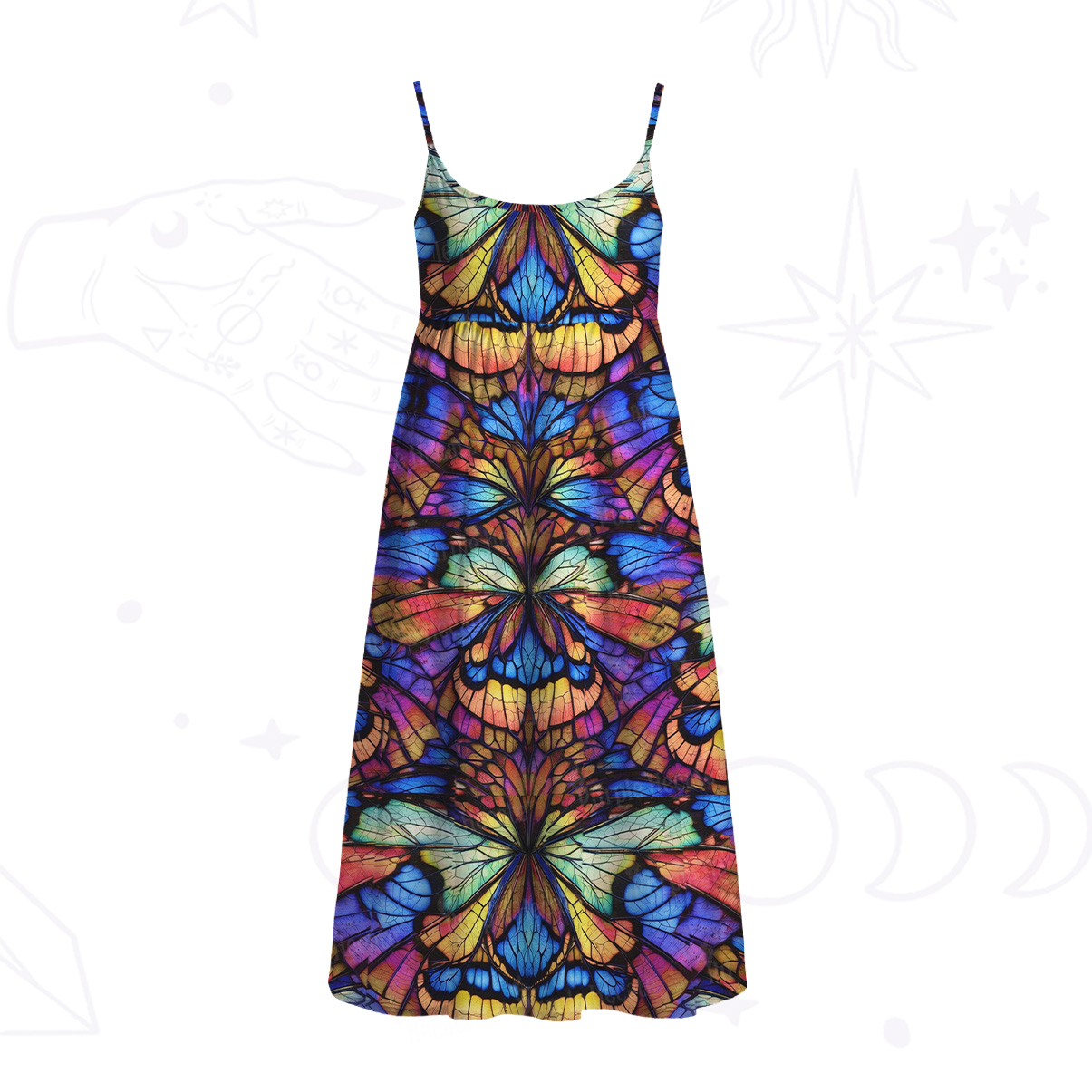 Purplehecate Colorful Butterfly Wing Pattern Spaghetti Strap Midi Dress