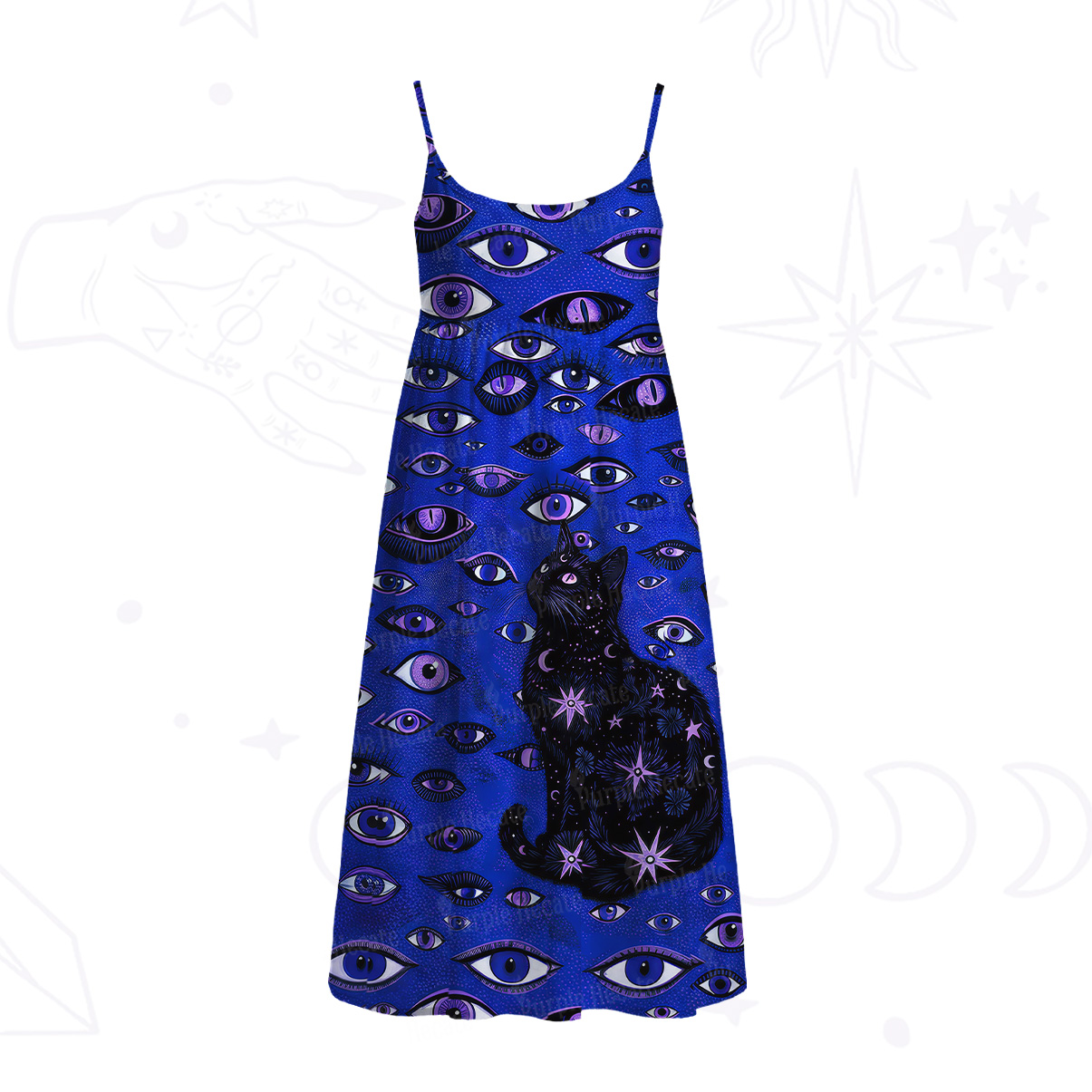 Purplehecate Cosmic Watcher Cat Spaghetti Strap Midi Dress