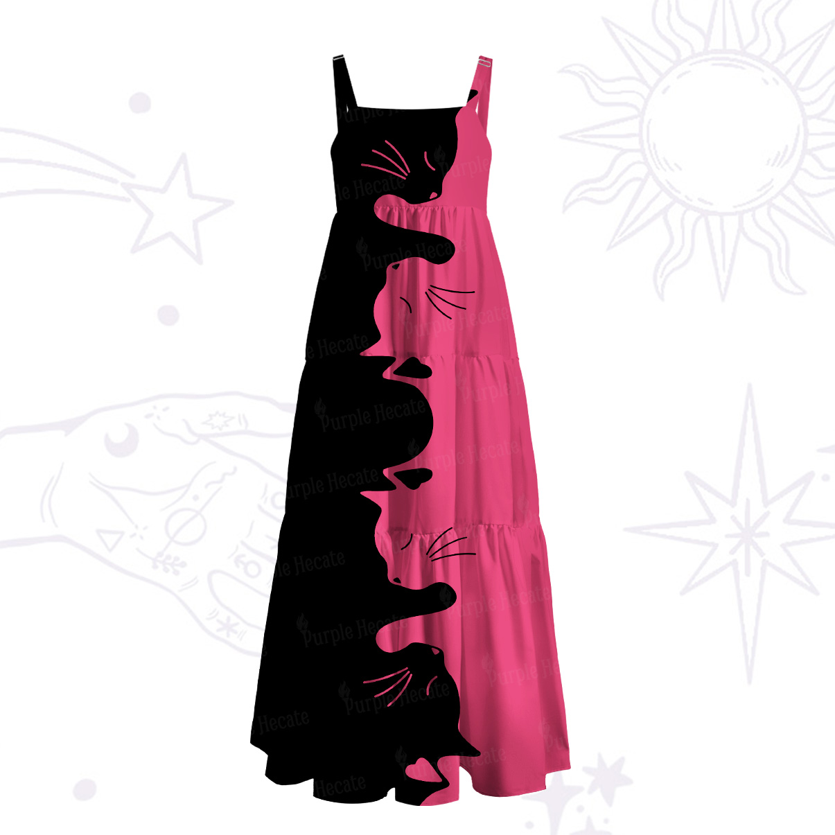 Purplehecate Yin Yang Cat Lover Wide Straps Maxi Dress