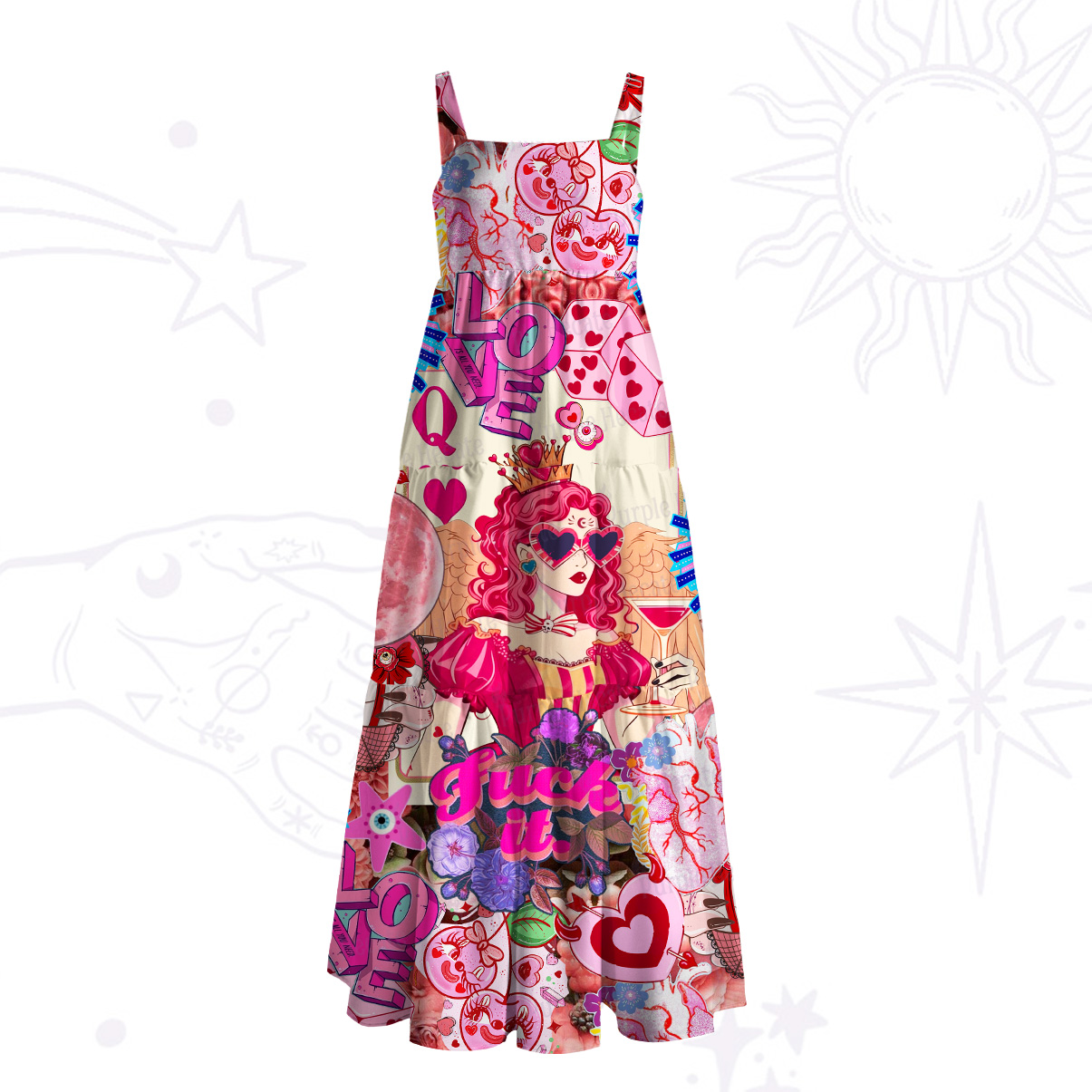 Purplehecate Queen of Hearts Angel Graphic Wide Straps Maxi Dress