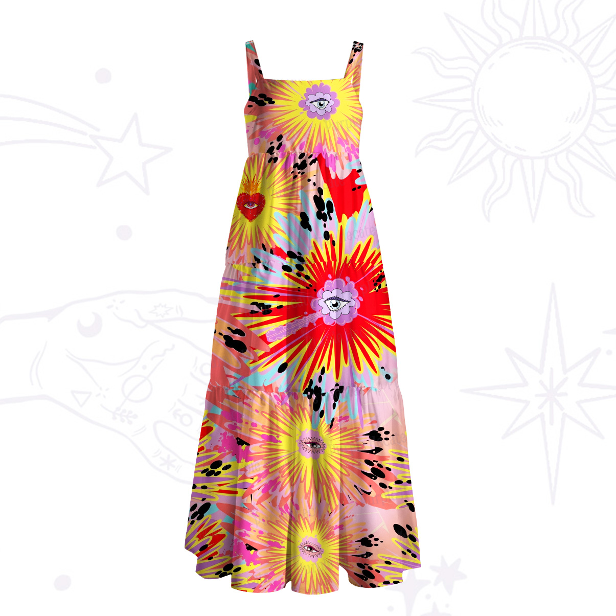 Purplehecate Heartburst Firework Eye Wide Straps Maxi Dress