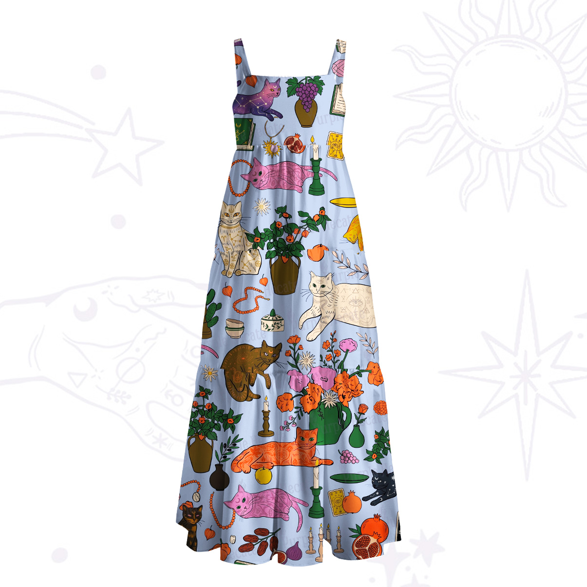 Purplehecate Lazy Cats in the Flower House Wide Straps Maxi Dress