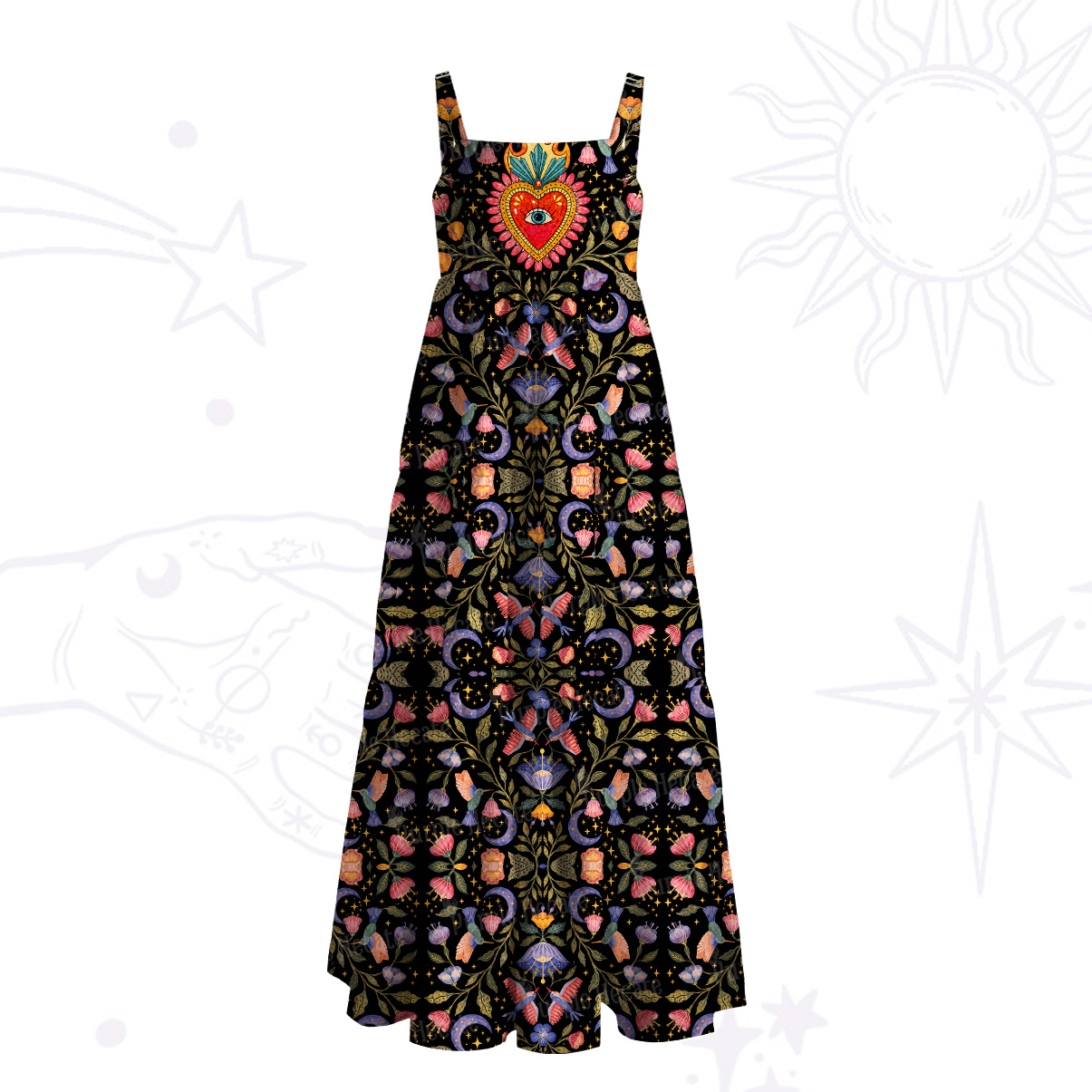 Purplehecate Enchanted Garden of the Blooming Sacred Heart Wide Straps Maxi Dress