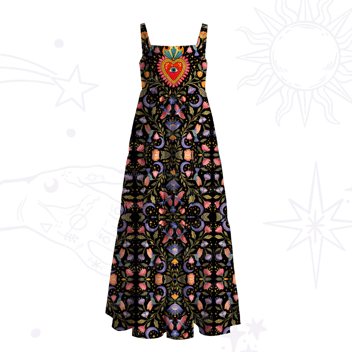 Purplehecate Enchanted Garden of the Blooming Sacred Heart Wide Straps Maxi Dress