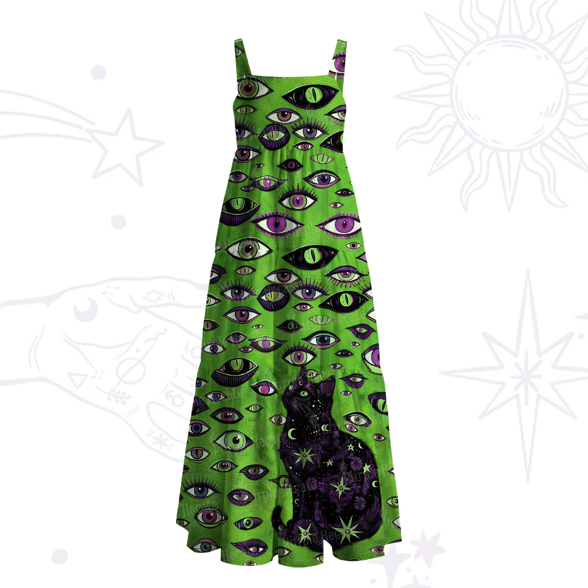 Purplehecate Cosmic Watcher Cat Wide Straps Maxi Dress