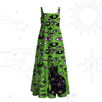 Purplehecate Cosmic Watcher Cat Wide Straps Maxi Dress