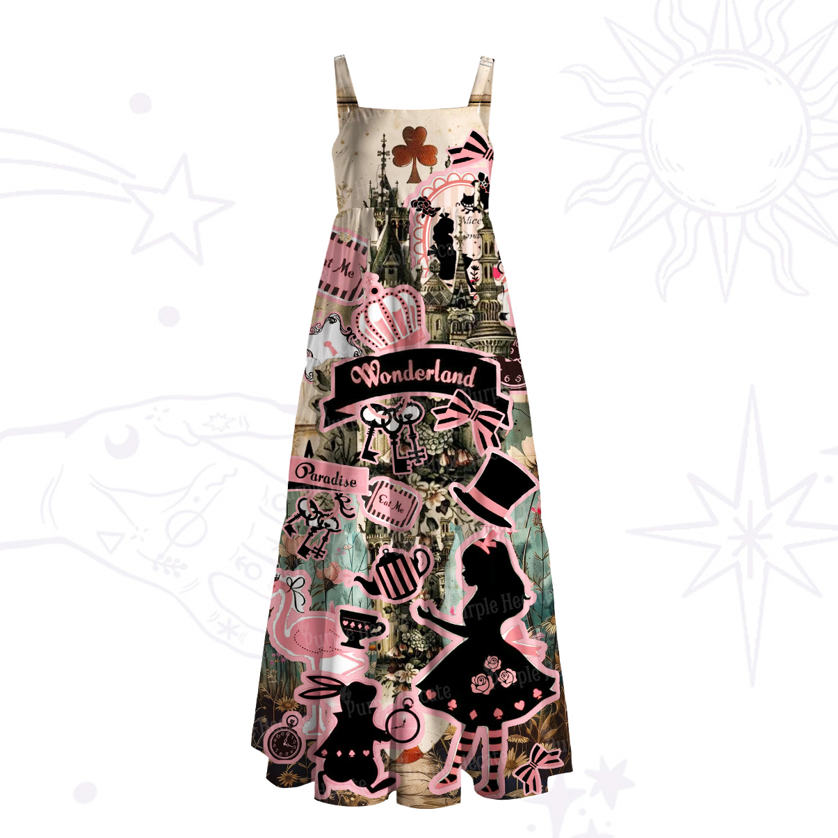 Purplehecate Wonderland Alice’s Tea Party Wide Straps Maxi Dress