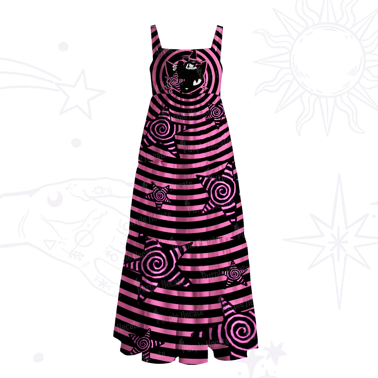 Purplehecate Trippy Spiral Black Cat Wide Straps Maxi Dress