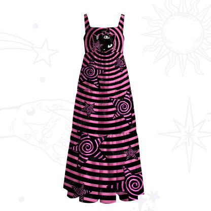 Purplehecate Trippy Spiral Black Cat Wide Straps Maxi Dress