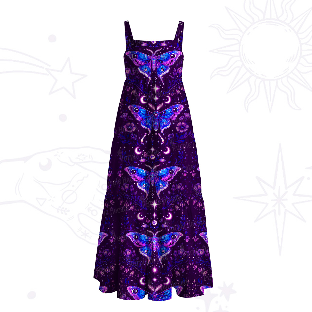 Purplehecate Moonlit Mystic Moth Wide Straps Maxi Dress