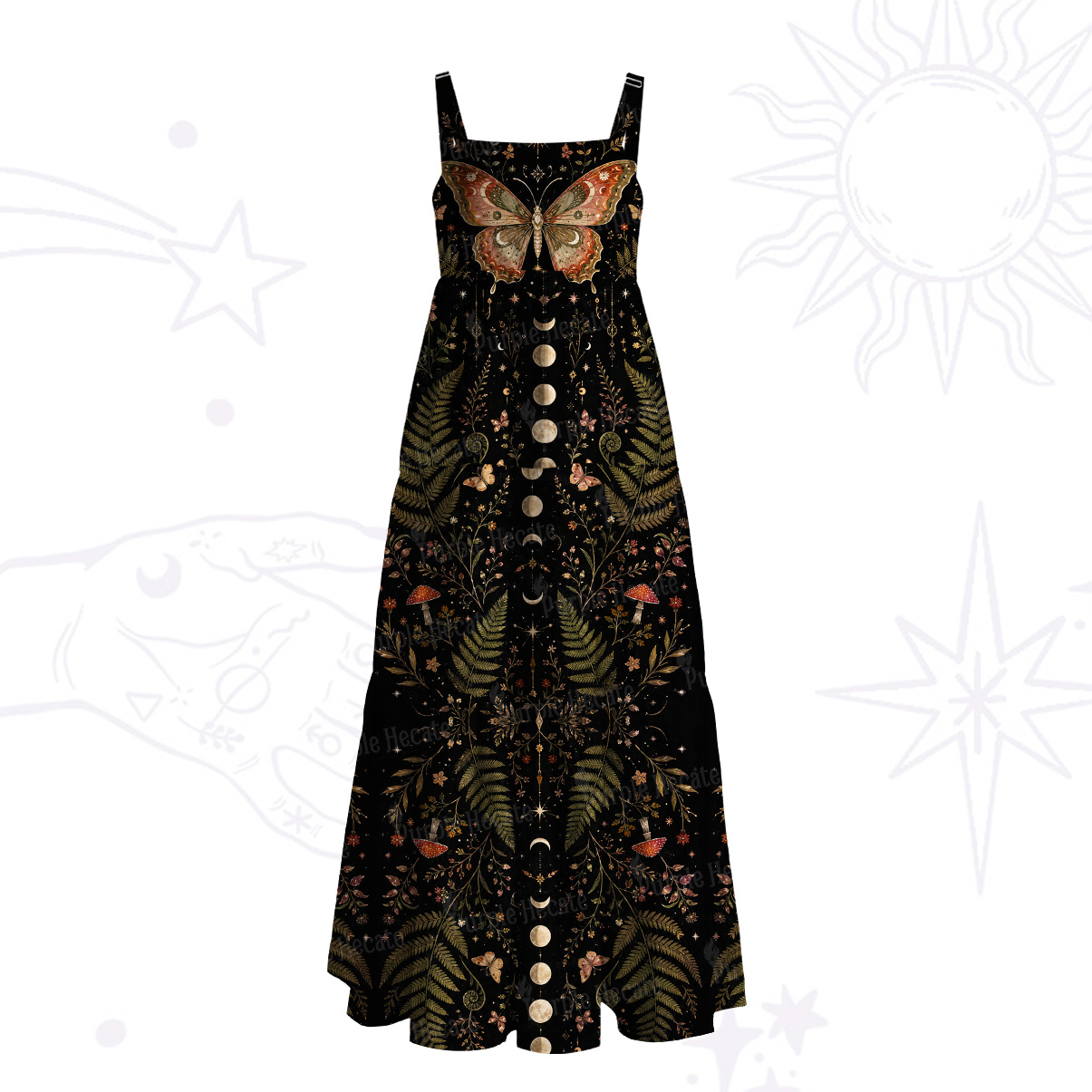Purplehecate Moon Moth in the Enchanted Forest Wide Straps Maxi Dress