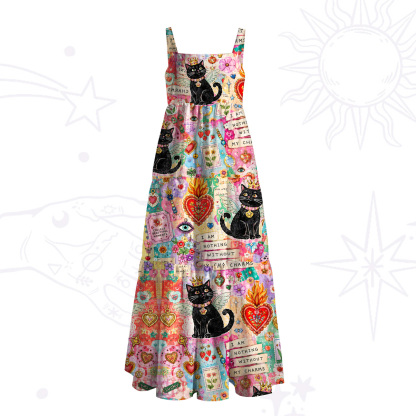 Purplehecate Never Without My Charms Black Cat Wide Straps Maxi Dress