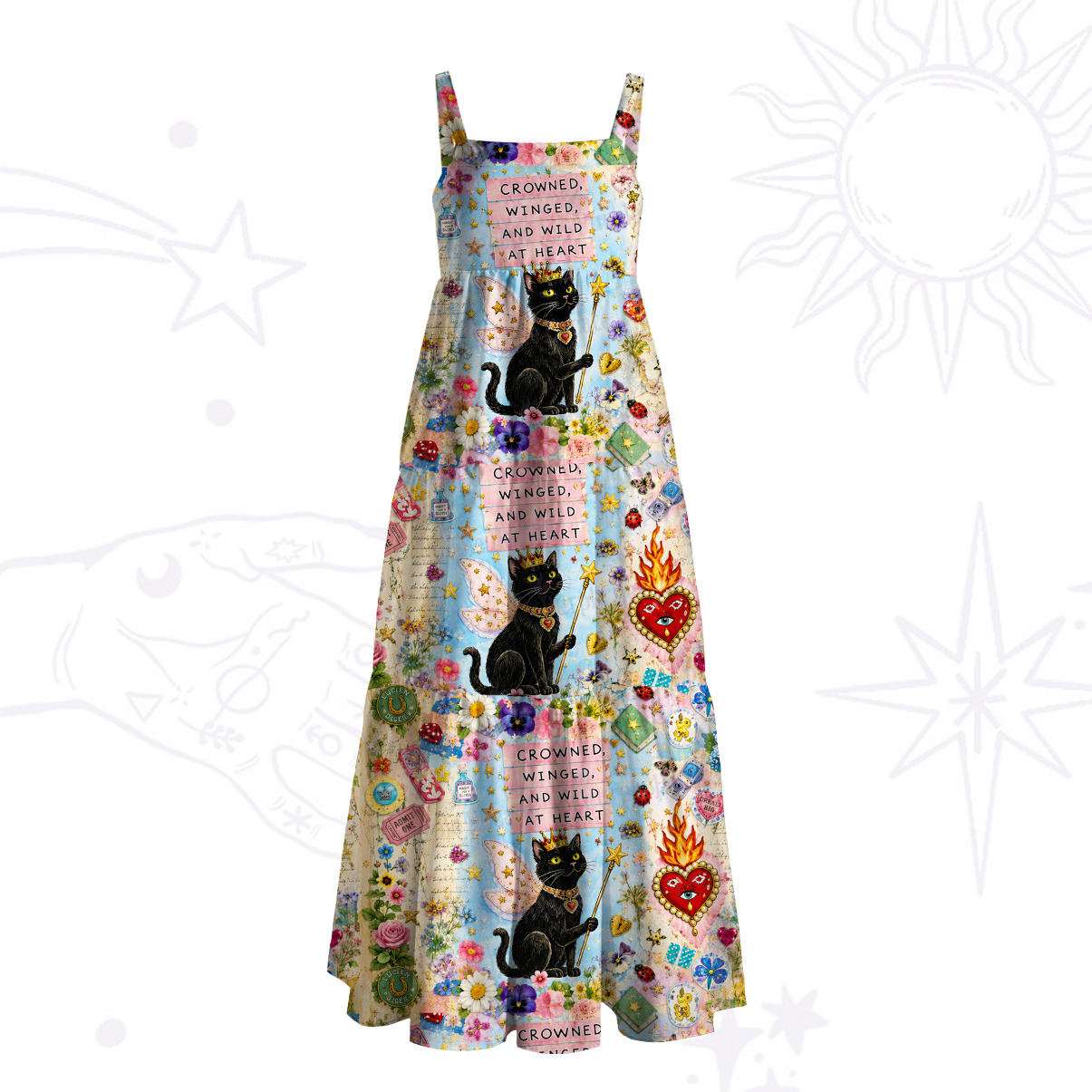 Purplehecate Wild at Heart Black Cat Wide Straps Maxi Dress