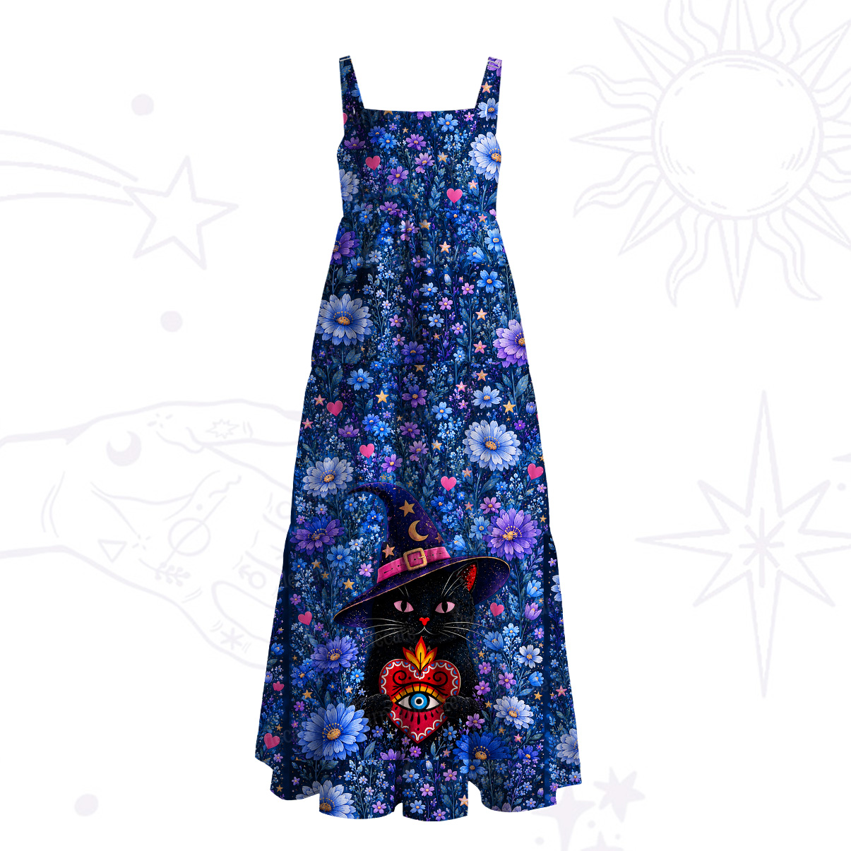 Purplehecate Secret Garden Witch Cat Wide Straps Maxi Dress