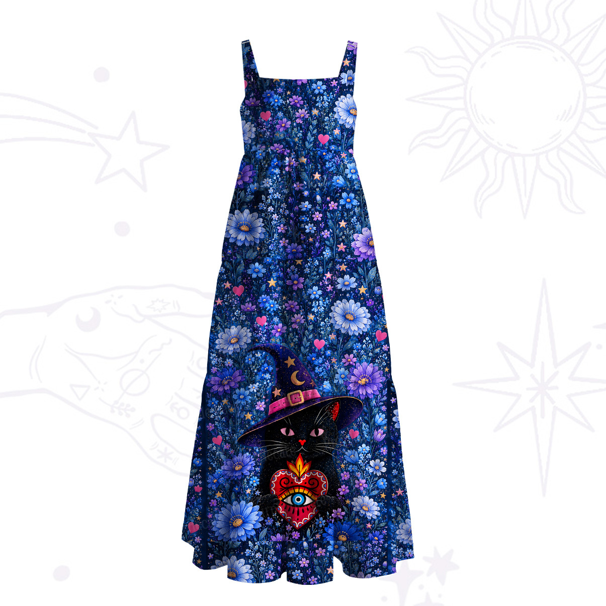Purplehecate Secret Garden Witch Cat Wide Straps Maxi Dress