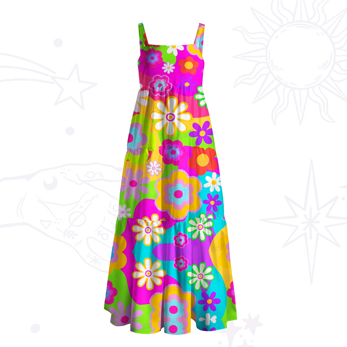 Purplehecate Psychedelic Daisy Flower Power Wide Straps Maxi Dress