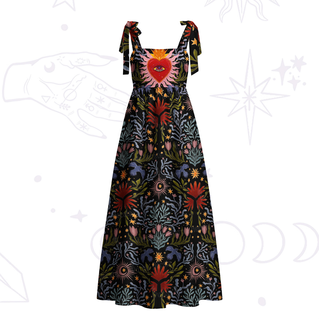 Purplehecate Sacred Flame Hear Tie Shoulder Maxi Dress