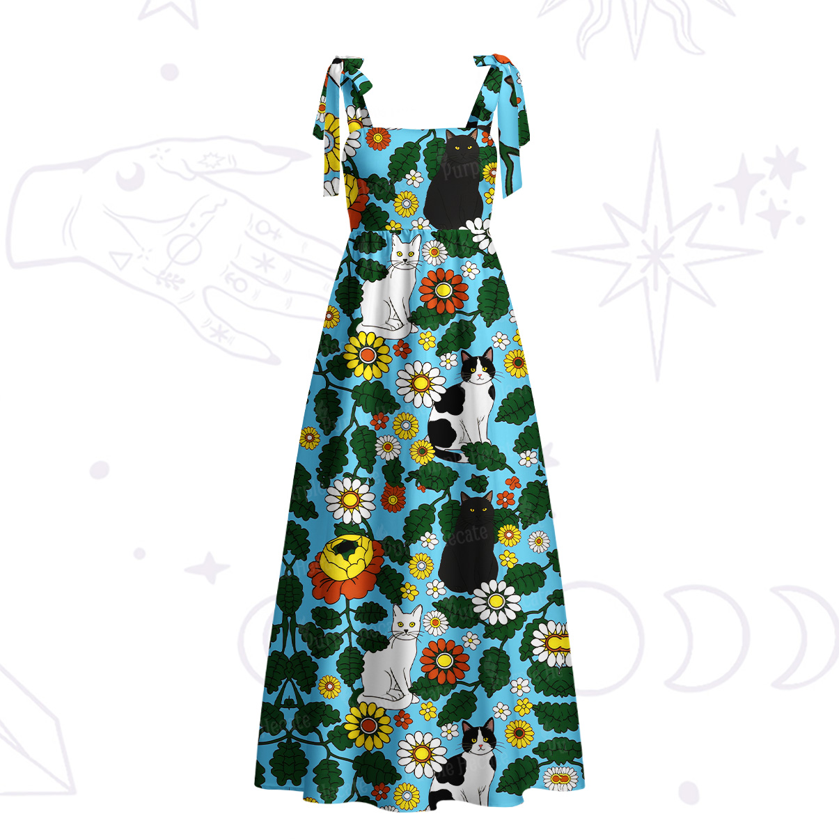 Purplehecate Daisy Cat  Garden Tie Shoulder Maxi Dress