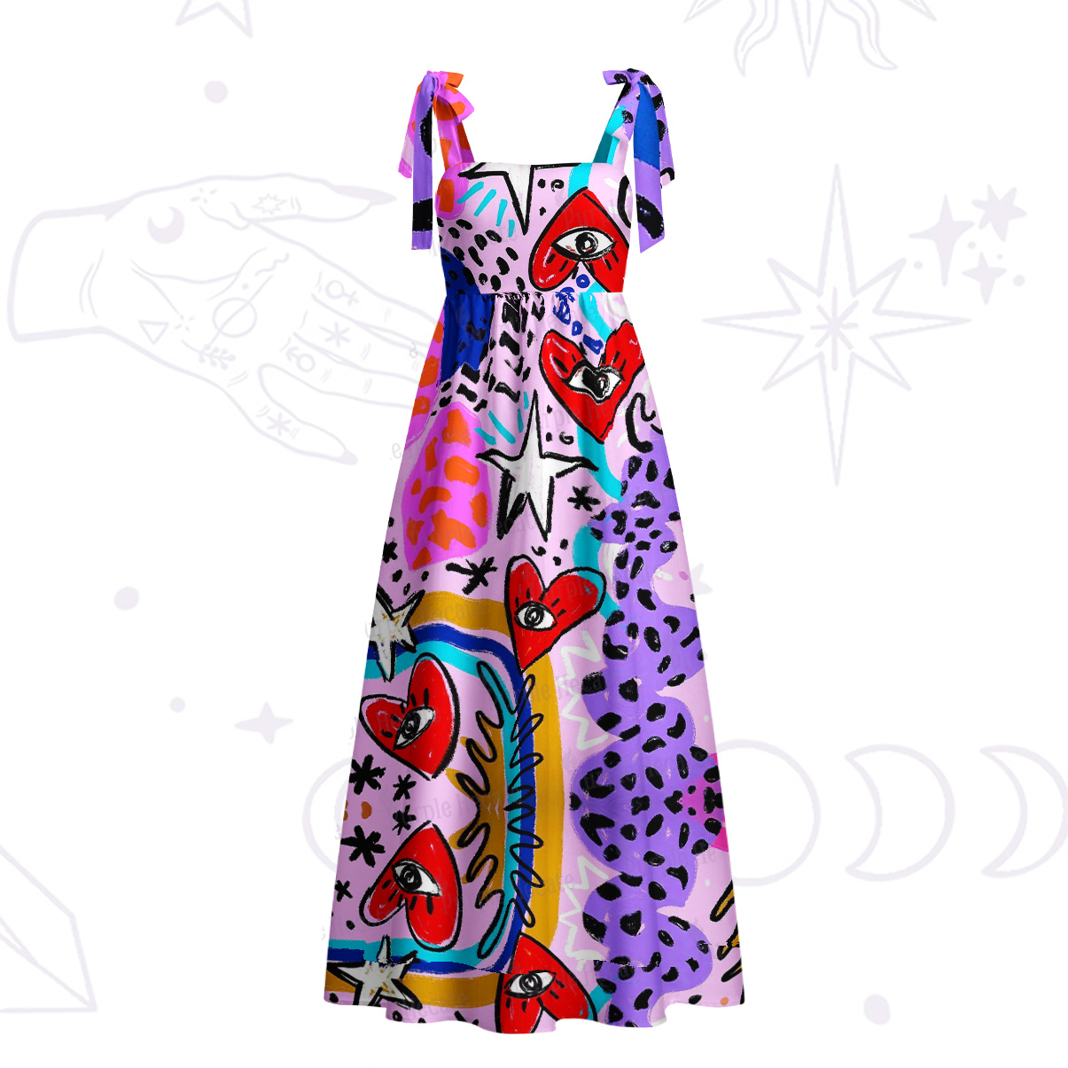 Purplehecate Cosmic Love Eyes Graffiti Tie Shoulder Maxi Dress