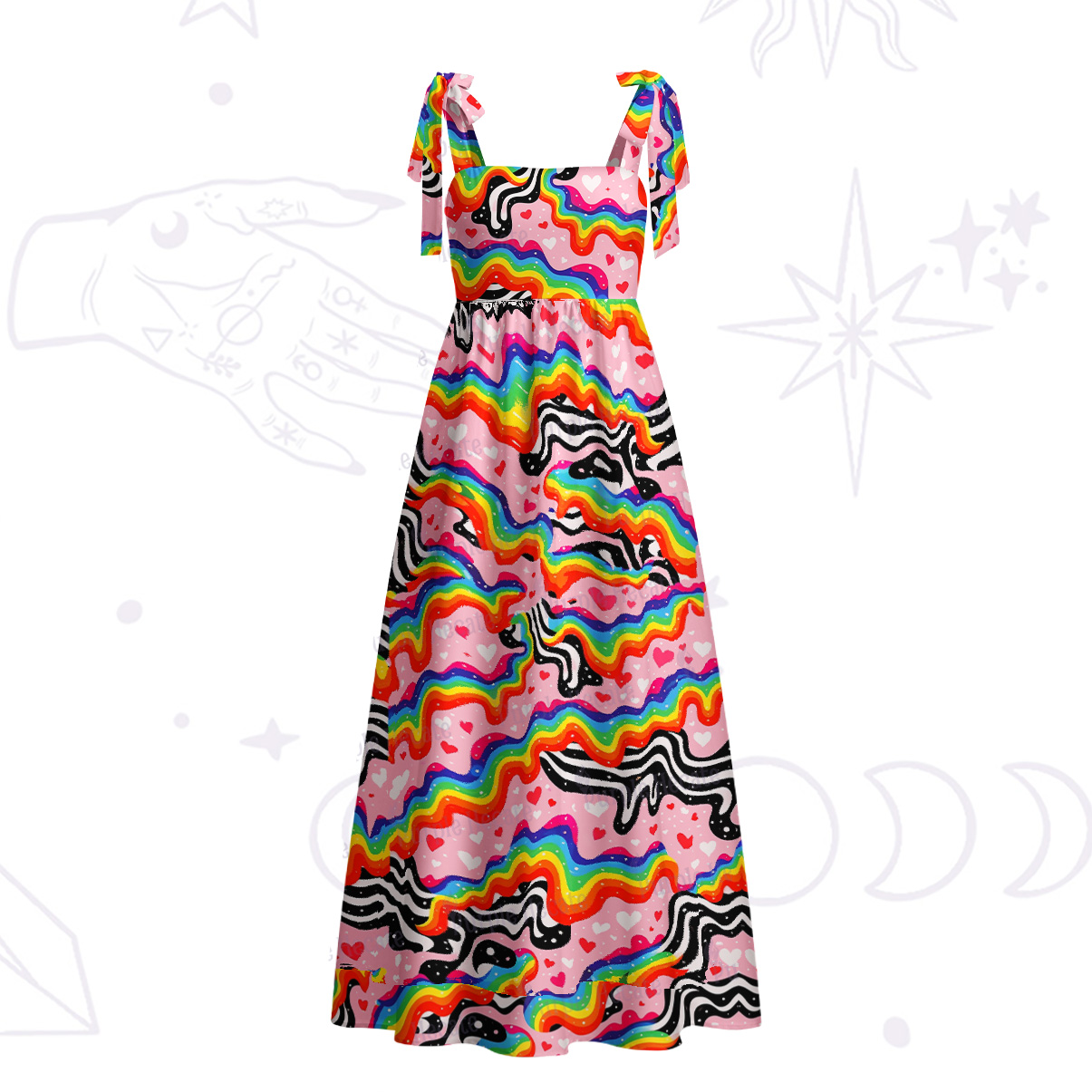 Purplehecate Groovy Melty Rainbow Hearts Wavy Tie Shoulder Maxi Dress