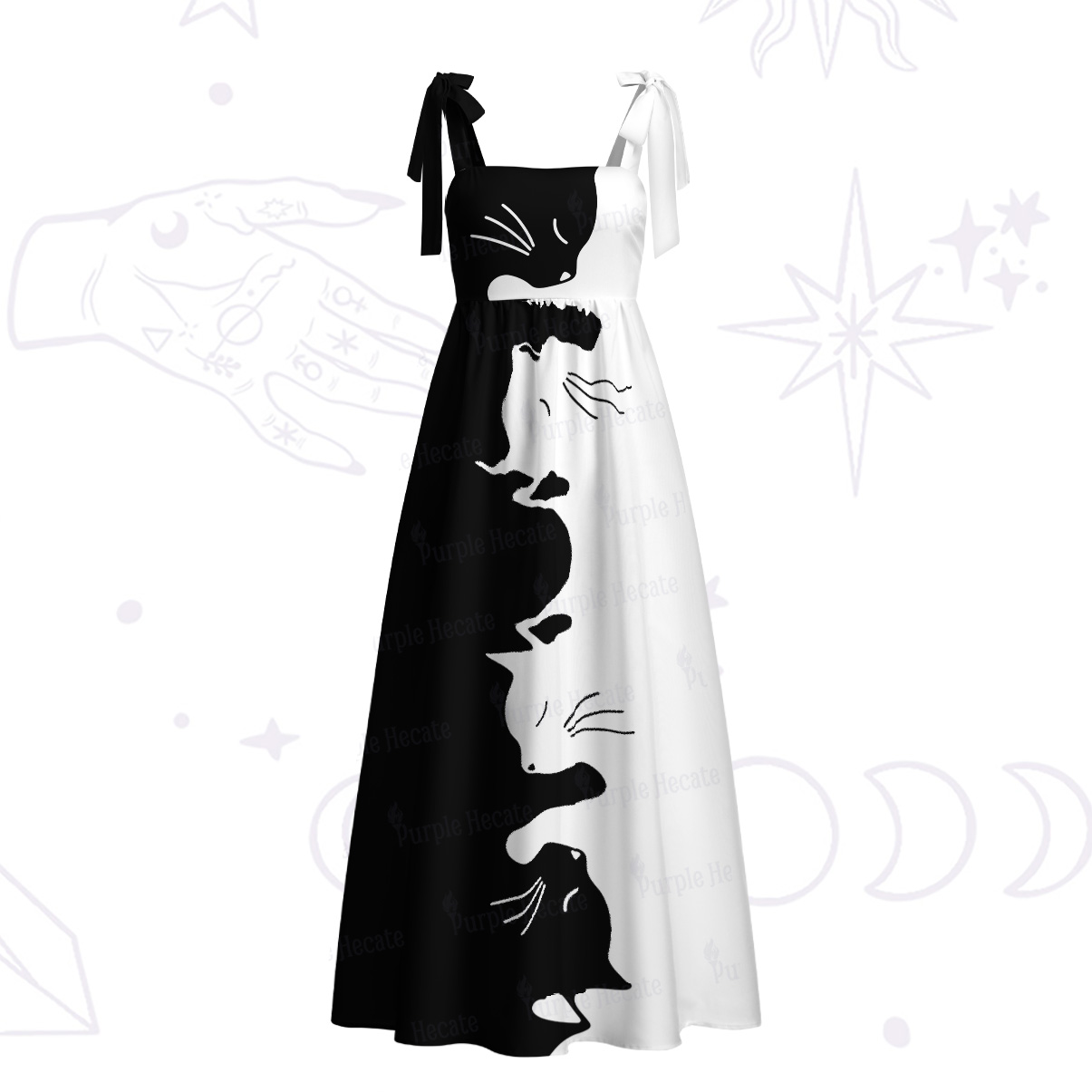 Purplehecate Yin Yang Cat Lover Tie Shoulder Maxi Dress