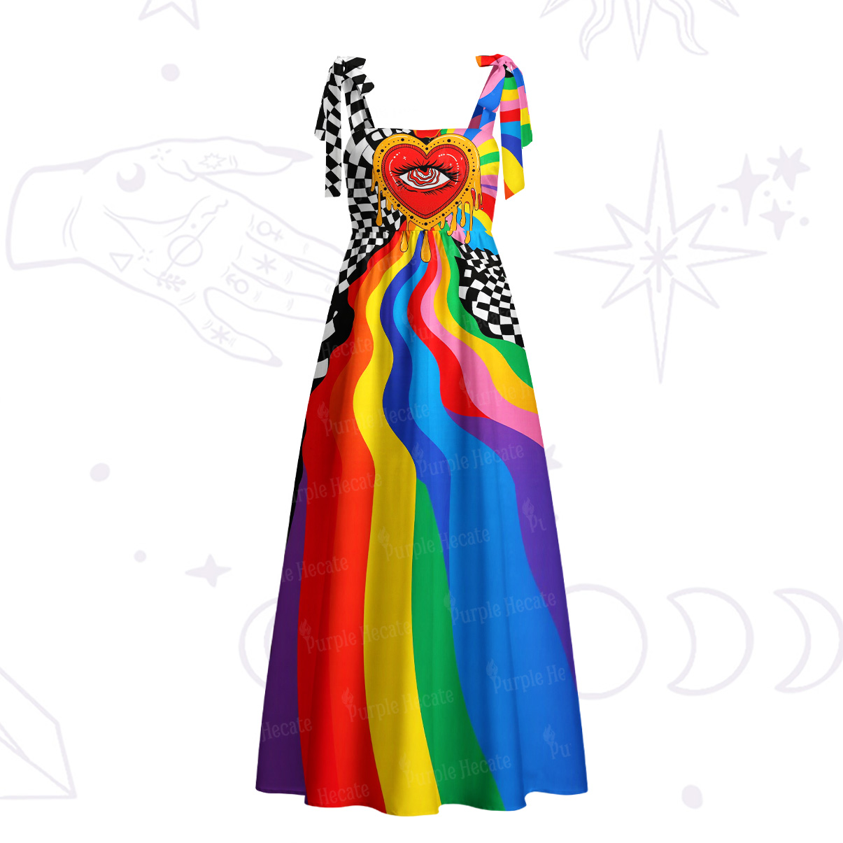Purplehecate Trippy Rainbow Heart Eye Tie Shoulder Maxi Dress