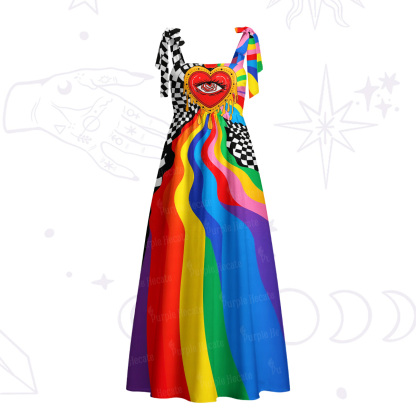 Purplehecate Trippy Rainbow Heart Eye Tie Shoulder Maxi Dress