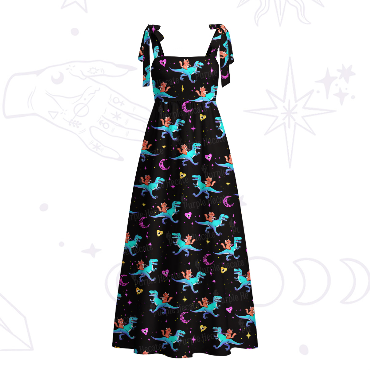 Purplehecate Witch Cat Rides the Dino Tie Shoulder Maxi Dress