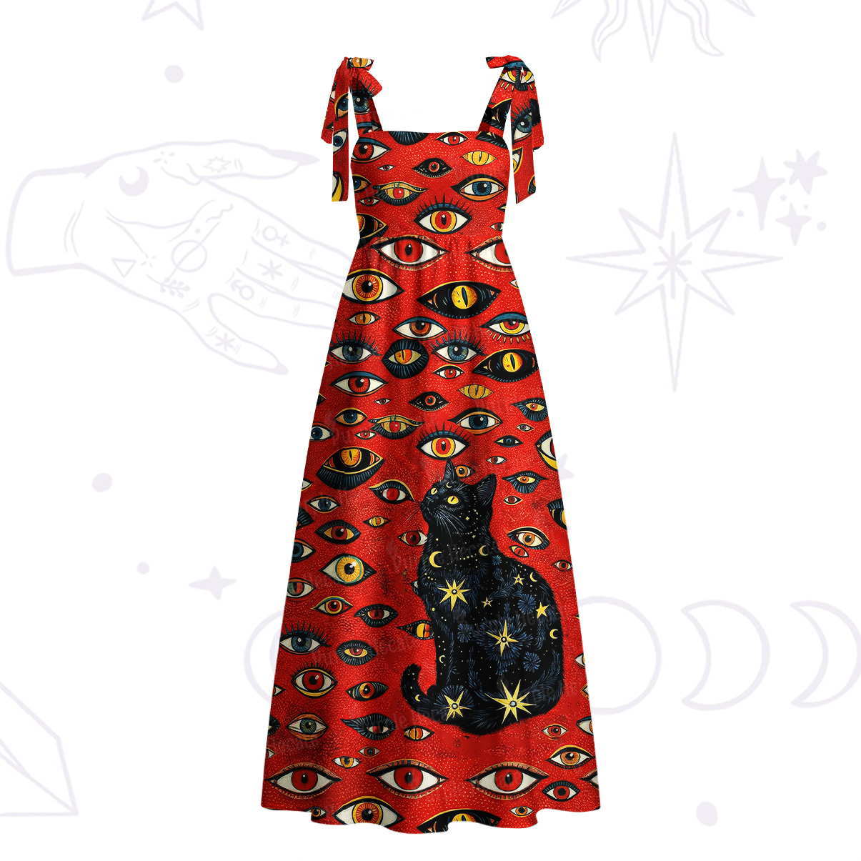 Purplehecate Cosmic Watcher Cat Tie Shoulder Maxi Dress