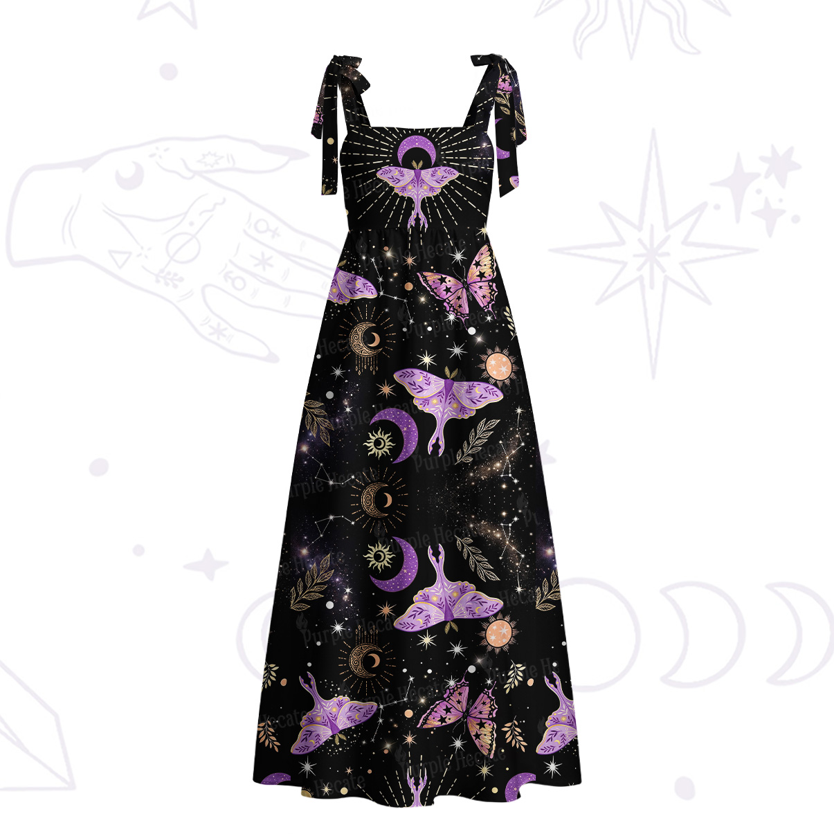 Purplehecate Starry Night Lunar Moth Tie Shoulder Maxi Dress