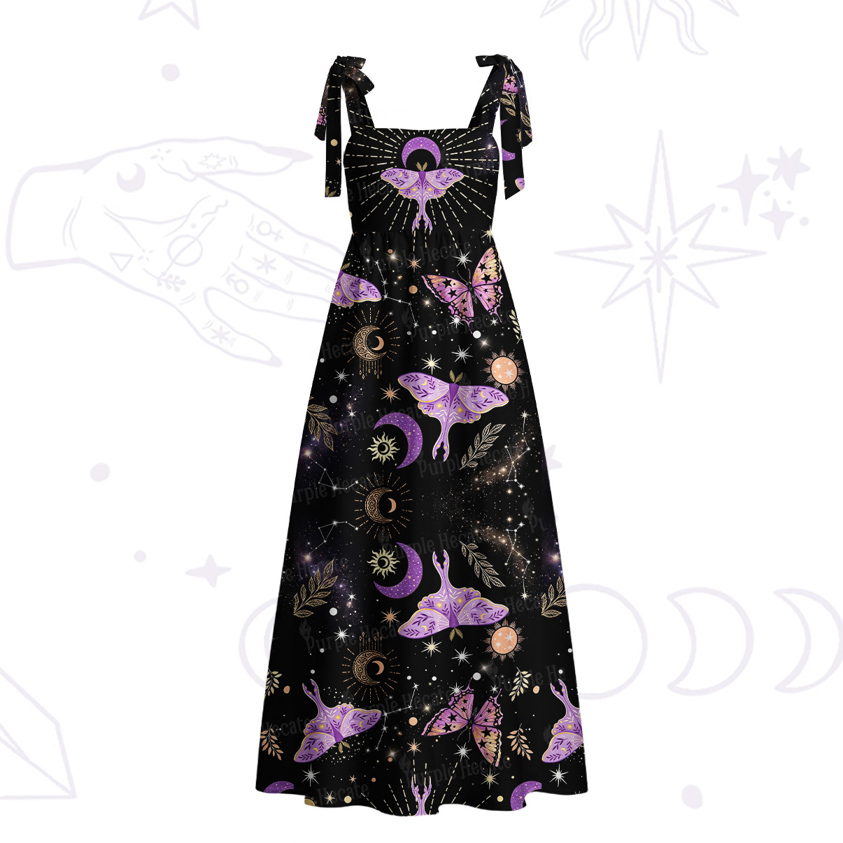 Purplehecate Starry Night Lunar Moth Tie Shoulder Maxi Dress