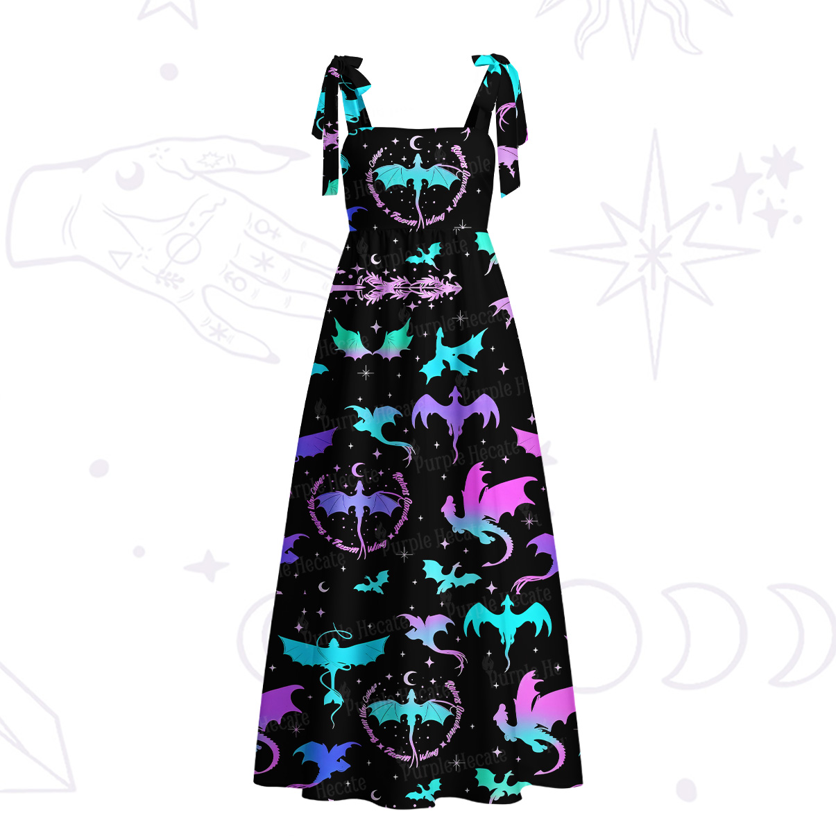 Purplehecate Neon Fantasy Dragon Allover Tie Shoulder Maxi Dress