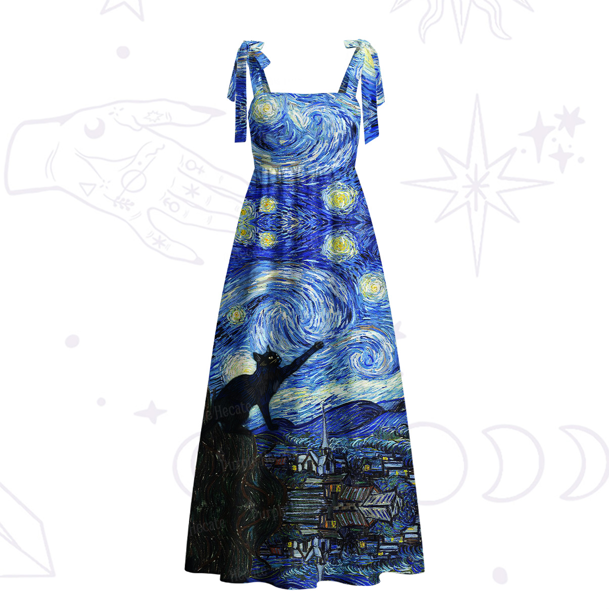 Purplehecate Witch Cat Under the Starry Night Tie Shoulder Maxi Dress