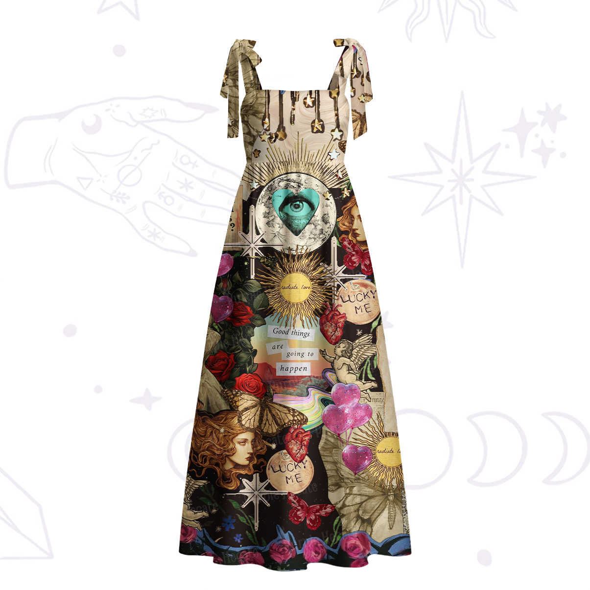 Purplehecate Lucky Me Sacred Heart Eye Tie Shoulder Maxi Dress
