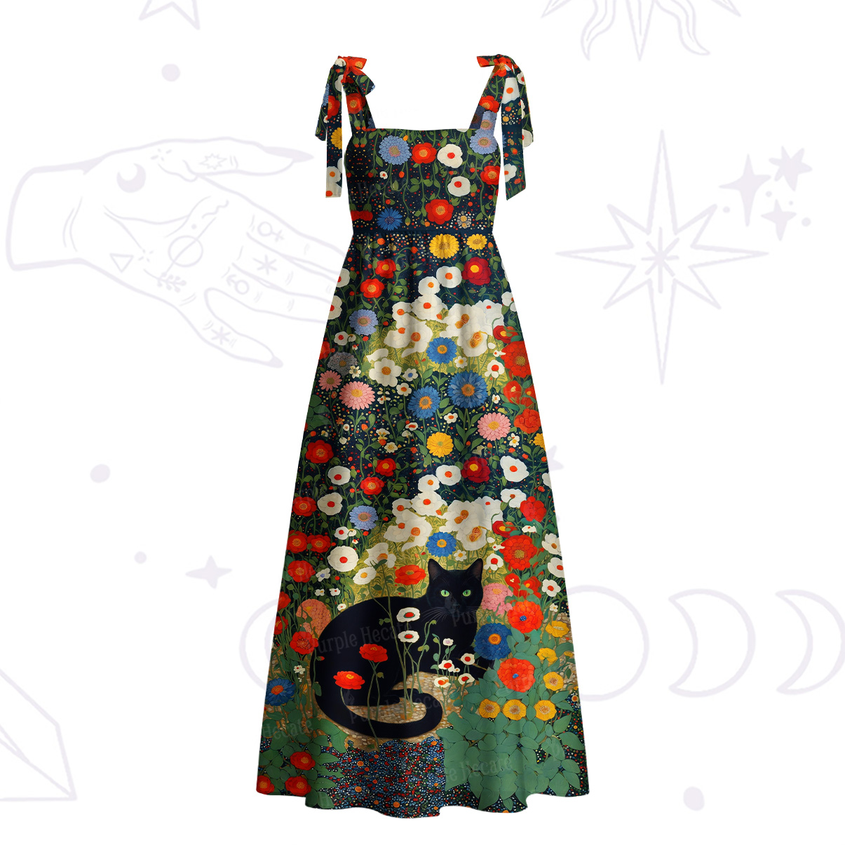 Purplehecate Vintage The Cat in Bloom Tie Shoulder Maxi Dress