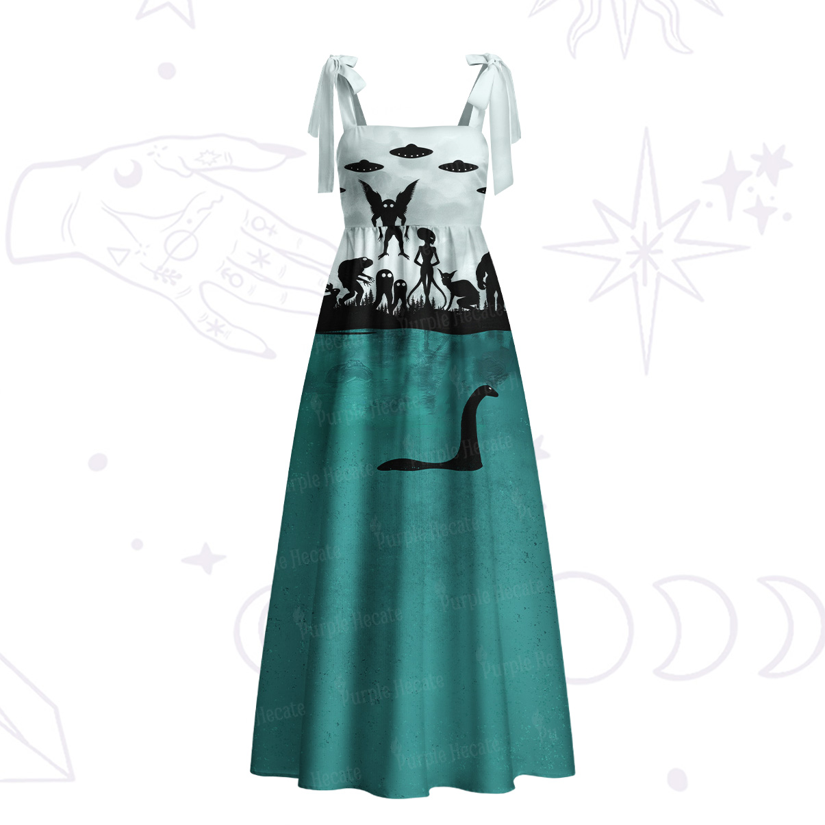 Purplehecate Starlit Cats & Butterflies Tie Shoulder Maxi Dress