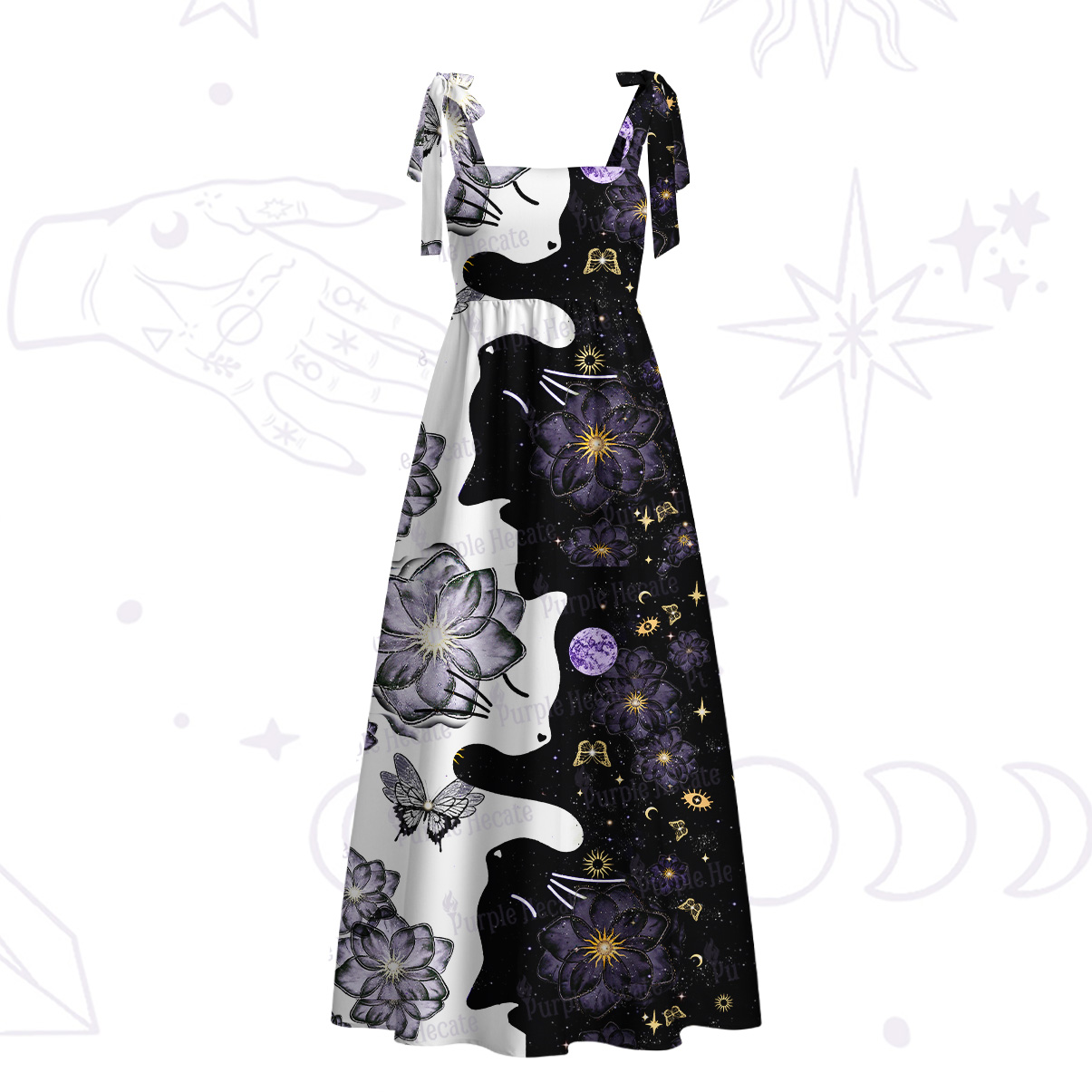 Purplehecate Starlit Cats & Butterflies Tie Shoulder Maxi Dress