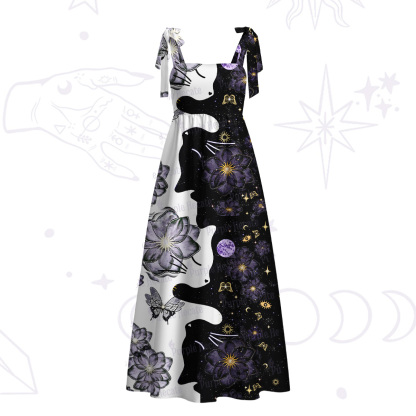 Purplehecate Starlit Cats & Butterflies Tie Shoulder Maxi Dress