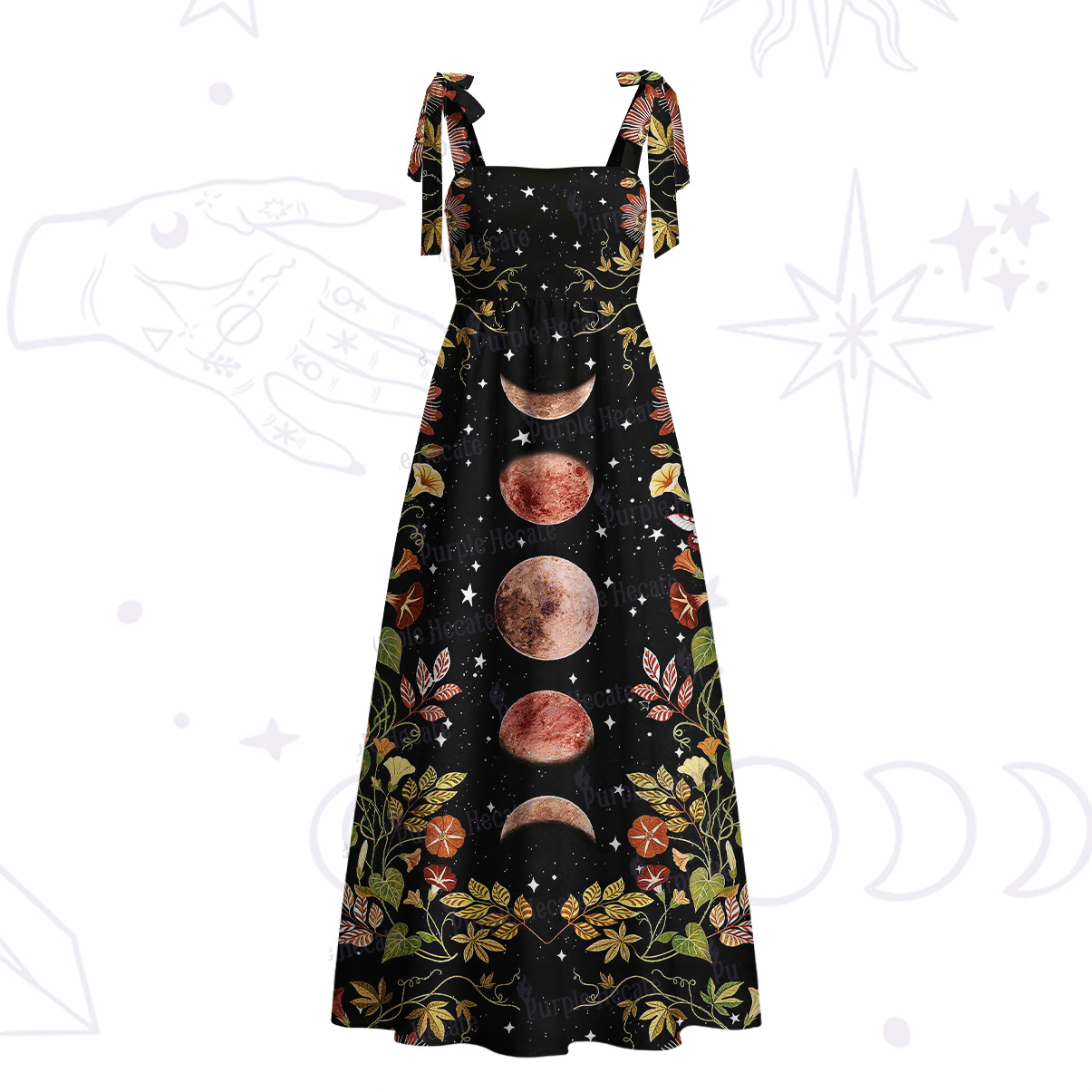 Purplehecate Moon Phase Floral Tie Shoulder Maxi Dress