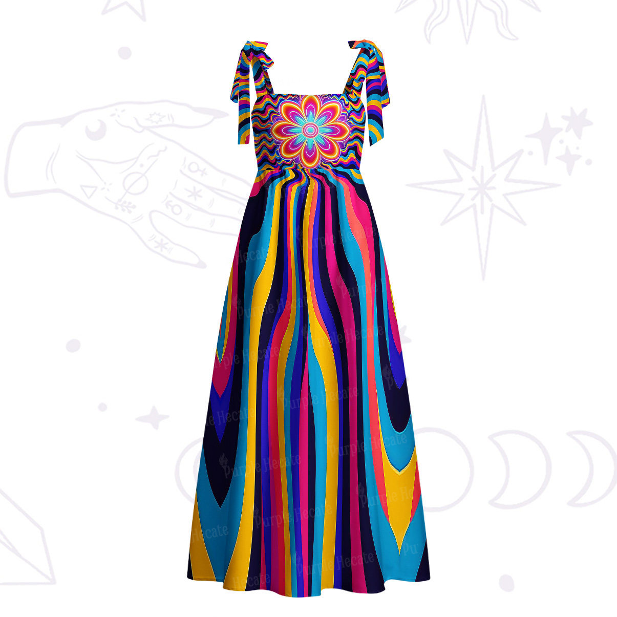 Purplehecate Psychedelic Bloom Tie Shoulder Maxi Dress