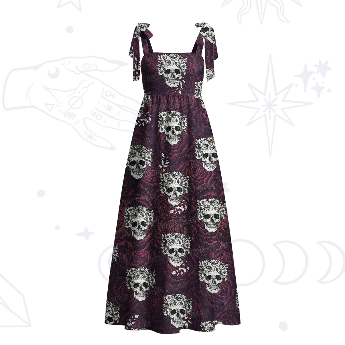 Purplehecate Rose Skull Tie Shoulder Maxi Dress