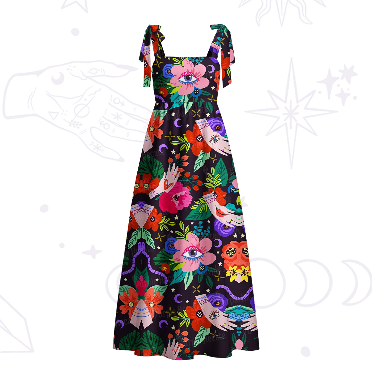 Purplehecate Eye of the Blossom Tie Shoulder Maxi Dress